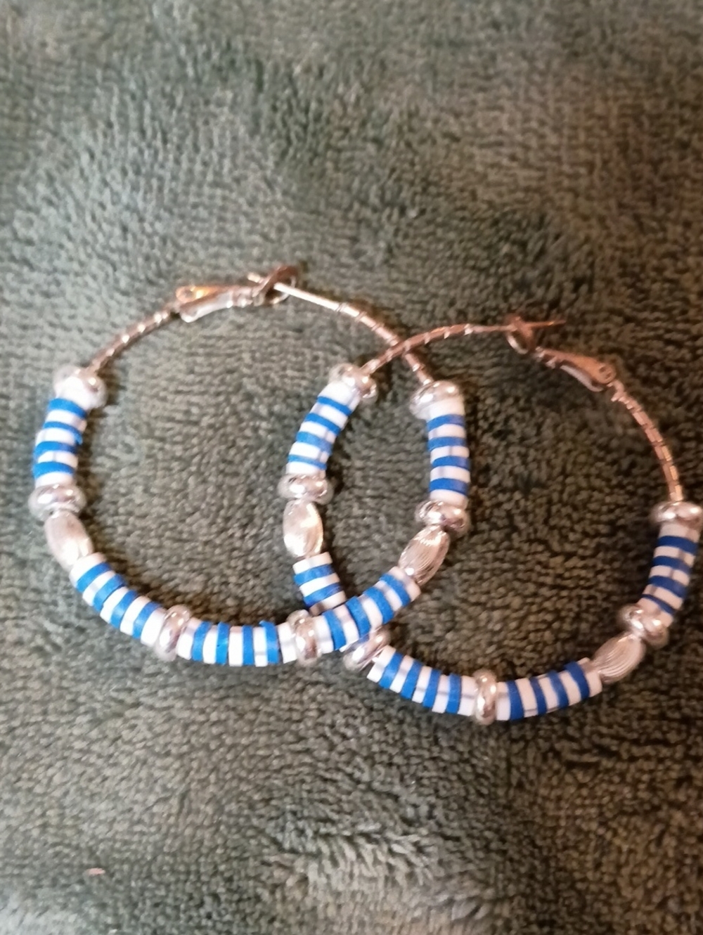 Unbranded Blue & White Beaded Hoop Earrings with Silver Accents
